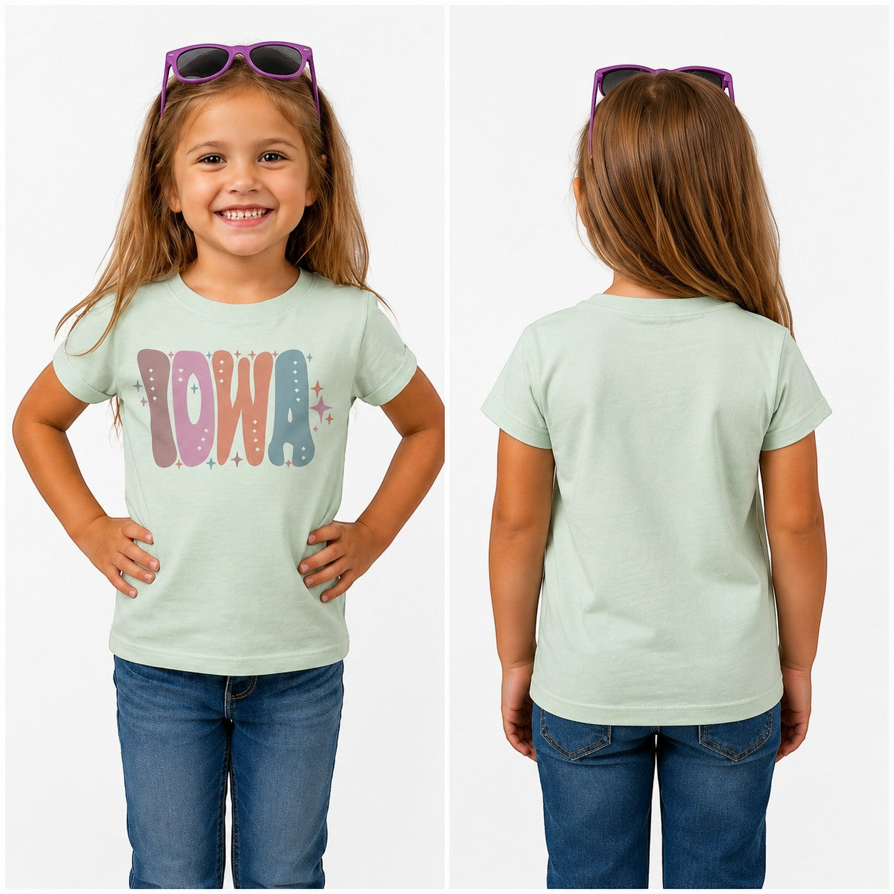 Tea Shirt Shoppe Wholesale youth t-shirt in sage green with retro Iowa graphic, heart and star details, cotton blend.