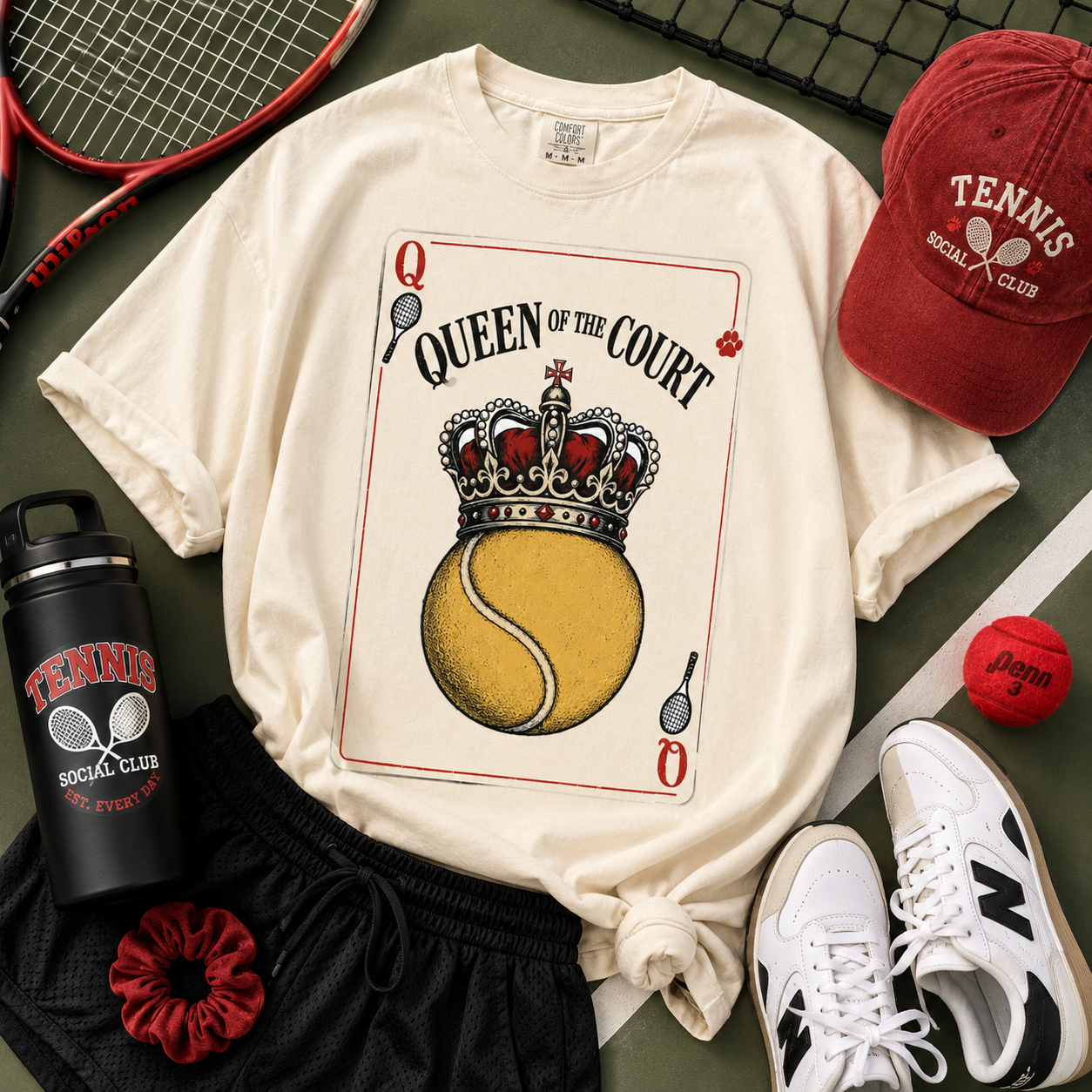 Tea Shirt Shoppe Wholesale ivory ring-spun cotton graphic tee featuring a Queen of the Court tennis playing card design.
