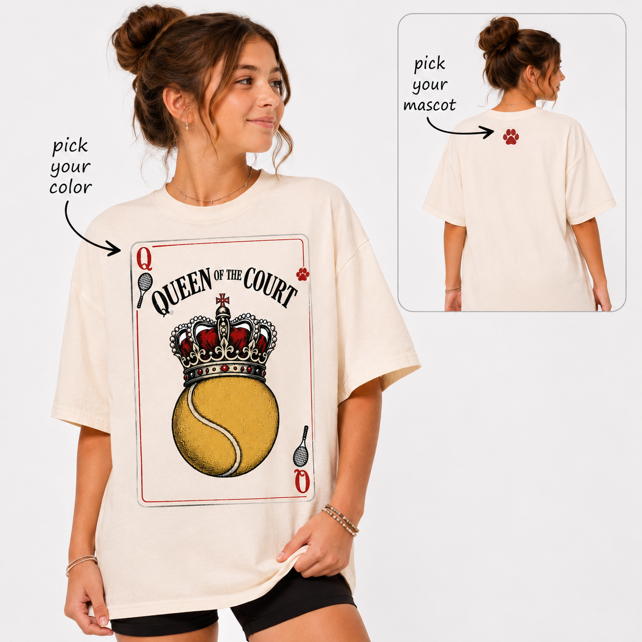 Tea Shirt Shoppe Wholesale ivory cotton graphic tee featuring a Queen of the Court tennis playing card design.