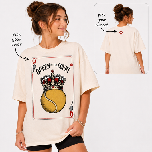 Tea Shirt Shoppe Wholesale ivory cotton graphic tee featuring a Queen of the Court tennis playing card design.