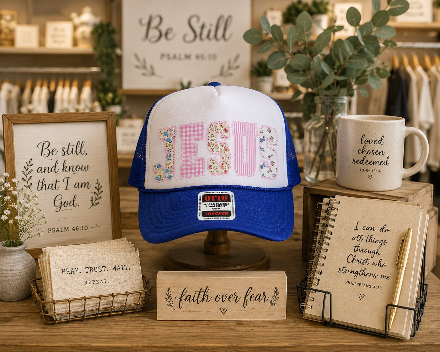 Tea Shirt Shoppe Wholesale blue and white trucker hat with "JESUS" spelled out in pink gingham and floral patches.
