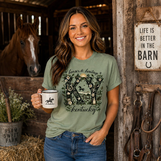 Tea Shirt Shoppe Wholesale sage green graphic tee featuring Kentucky horse heritage design worn by a smiling woman.