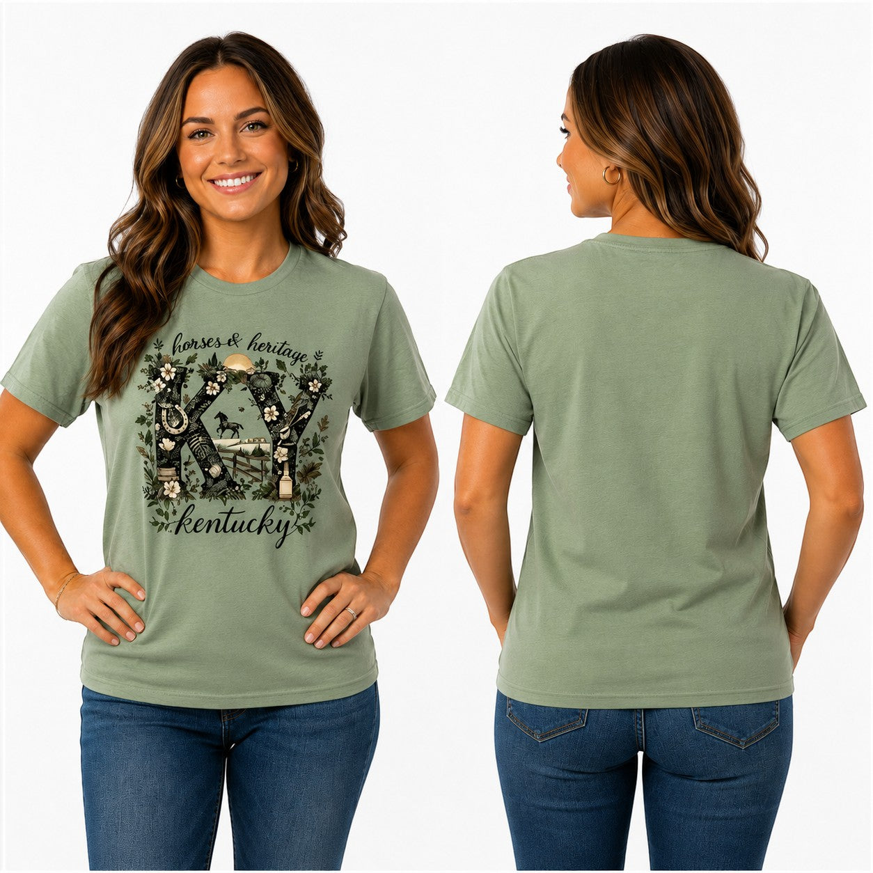 Tea Shirt Shoppe Wholesale sage green graphic tee featuring Kentucky horses and heritage design on a smiling model.