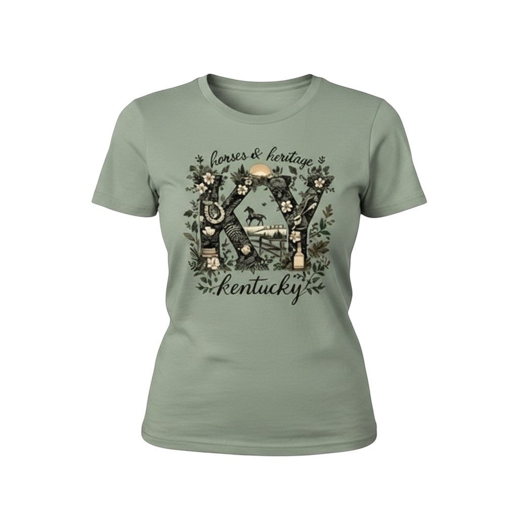 Tea Shirt Shoppe Wholesale light green graphic tee with KY letters featuring horses, fences, horseshoes, and floral elements.