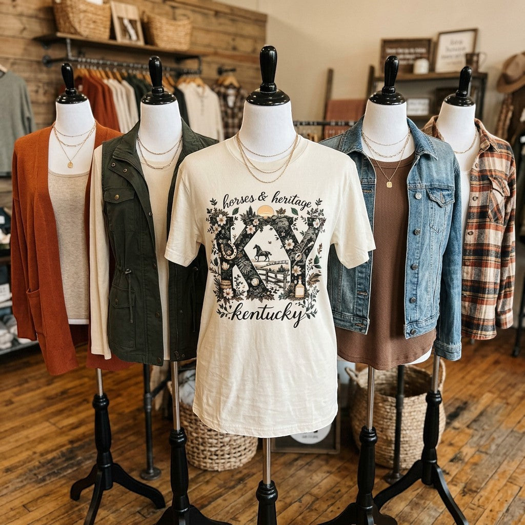 Tea Shirt Shoppe Wholesale cream graphic tee with "KY" design featuring horses, fences, and floral elements. "Horses & Heritage Kentucky" text.