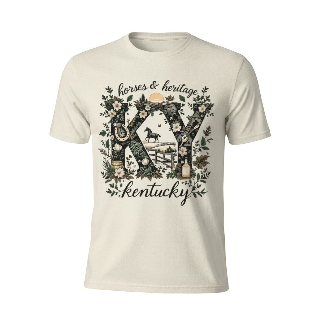 Tea Shirt Shoppe Wholesale cream graphic tee with "KY" design featuring horses, fences, horseshoes, bourbon barrels, and floral elements. Text reads "horses & heritage" and "kentucky".