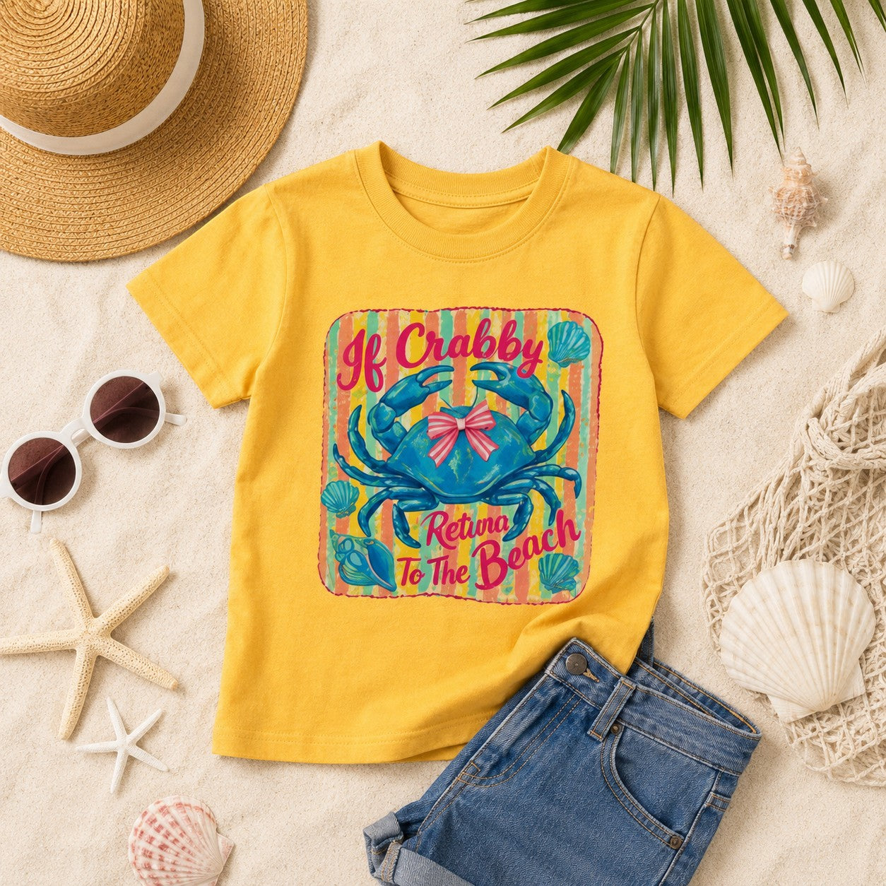 Tea Shirt Shoppe Wholesale yellow kids t-shirt with blue crab graphic and pink bow,