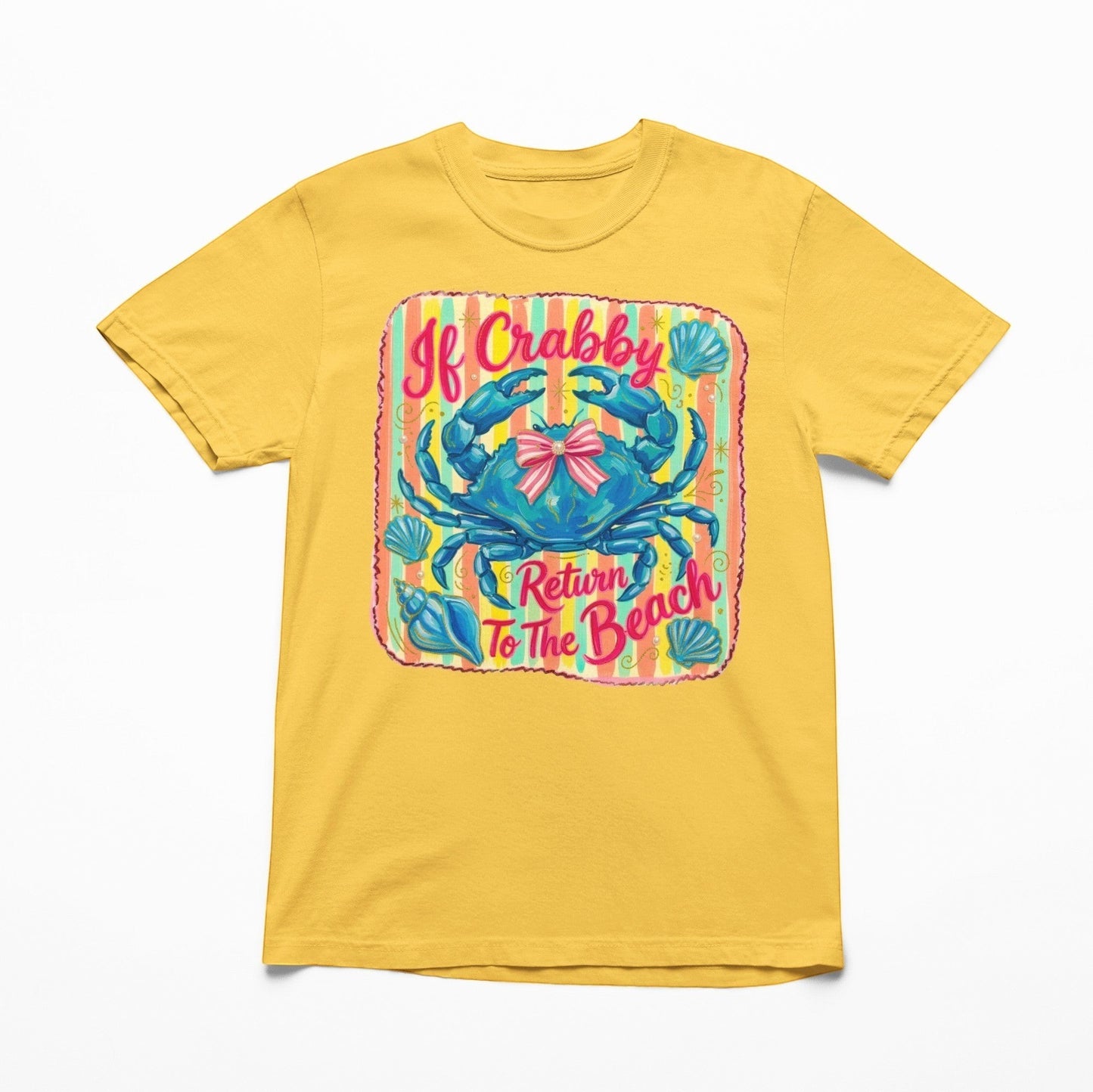 Tea Shirt Shoppe Wholesale yellow kids t-shirt with blue crab graphic, pink bow, seashells, and beach text.