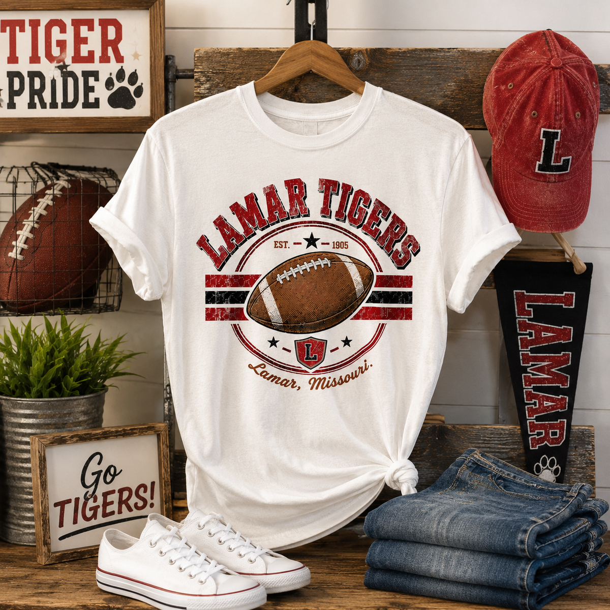 Tea Shirt Shoppe Wholesale white Comfort Colors graphic tee featuring a Lamar Tigers football design