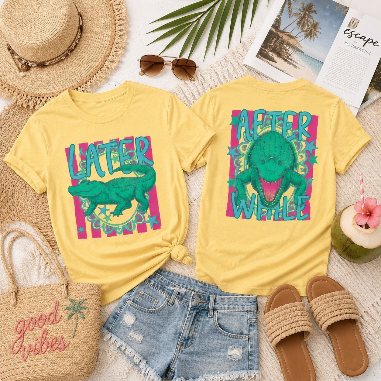 Tea Shirt Shoppe Wholesale yellow 100% cotton graphic tee with a green alligator and "Later" text on the front.