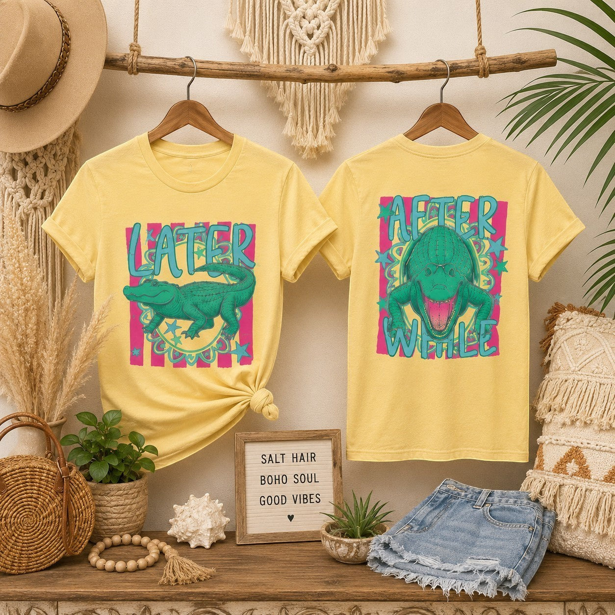 Tea Shirt Shoppe Wholesale yellow 100% cotton graphic tee with a green alligator and "Later" text on the front.