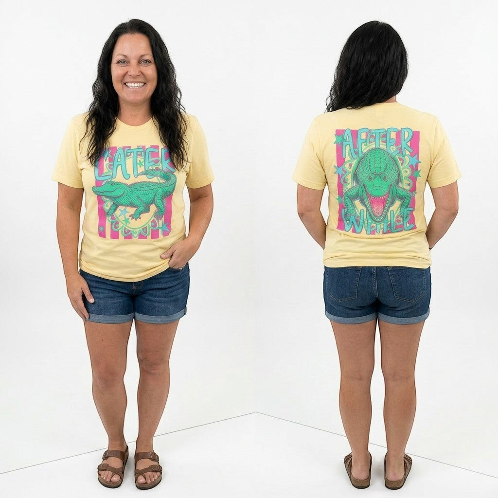 Tea Shirt Shoppe Wholesale yellow 100% cotton graphic tee with a green alligator and "Lator Alligator" print.