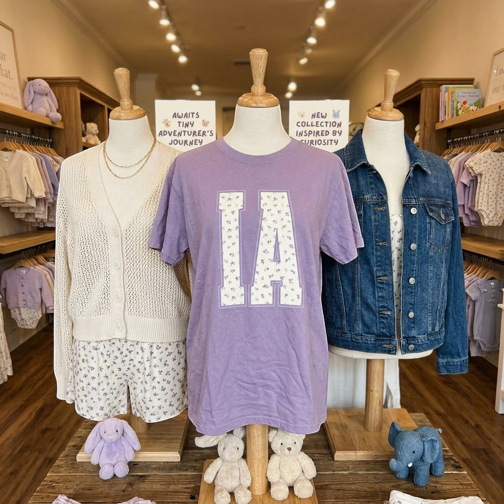 Tea Shirt Shoppe Wholesale lavender cotton t-shirt with white floral IA graphic, short sleeves, crew neck.