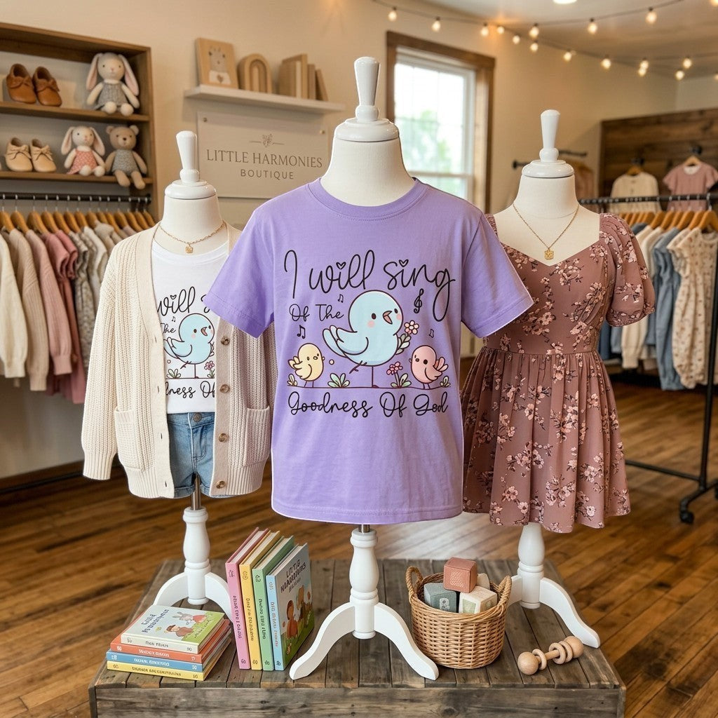 Tea Shirt Shoppe Wholesale lavender cotton graphic tee with a blue bird, chicks, flowers, and musical notes. Reads "I will sing of the goodness of God."