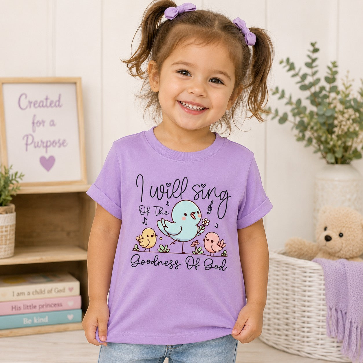 Tea Shirt Shoppe Wholesale lavender 100% cotton youth graphic tee with a blue bird, chicks, flowers, and musical notes. Reads "I will sing of the goodness of God".