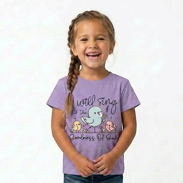 Tea Shirt Shoppe Wholesale lavender 100% cotton youth graphic tee with birds and flowers. Features "I will sing of the goodness of God".