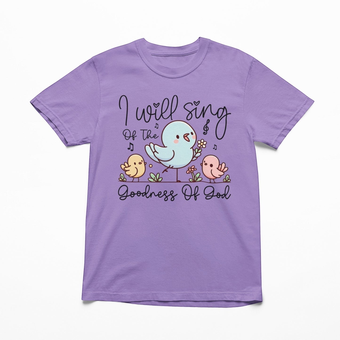 Tea Shirt Shoppe Wholesale lavender 100% cotton youth graphic tee with birds and flowers, "I will sing of the goodness of God" text.