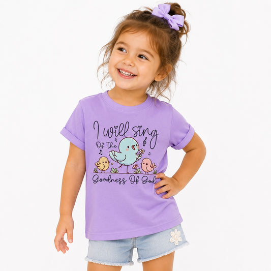 Tea Shirt Shoppe Wholesale lavender cotton graphic tee with birds and flowers, featuring the text "I will sing of the goodness of God".