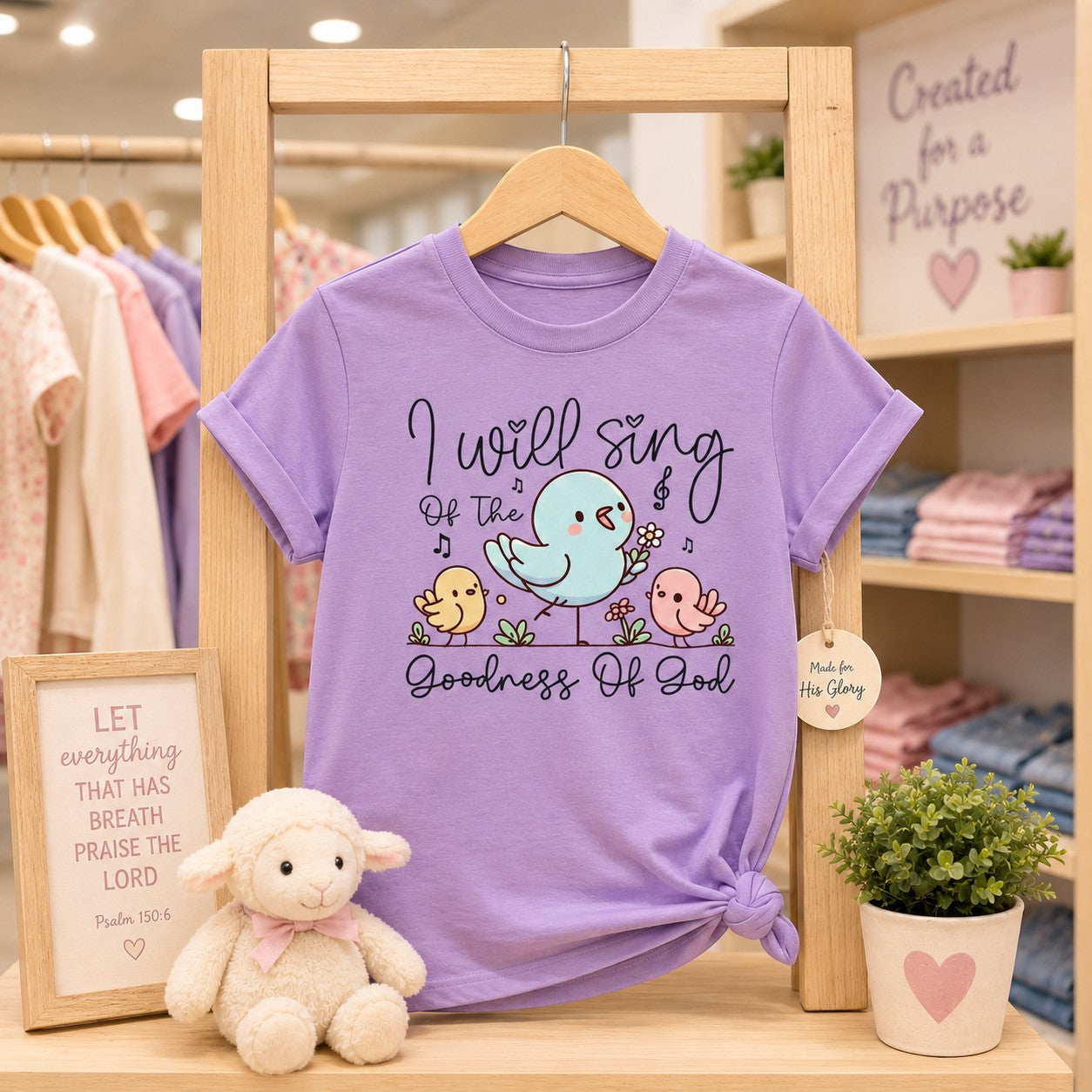 Tea Shirt Shoppe Wholesale lavender 100% cotton youth graphic tee with birds and flowers, reading "I will sing of the goodness of God."