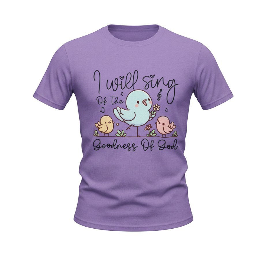 Tea Shirt Shoppe Wholesale lavender 100% cotton graphic tee with birds singing "I will sing of the goodness of God".