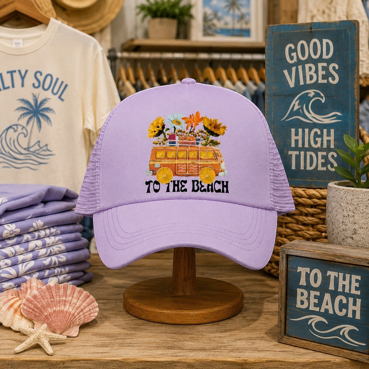 Tea Shirt Shoppe Wholesale lavender trucker hat with a graphic of a vintage van loaded with flowers and luggage, text reads "TO THE BEACH".