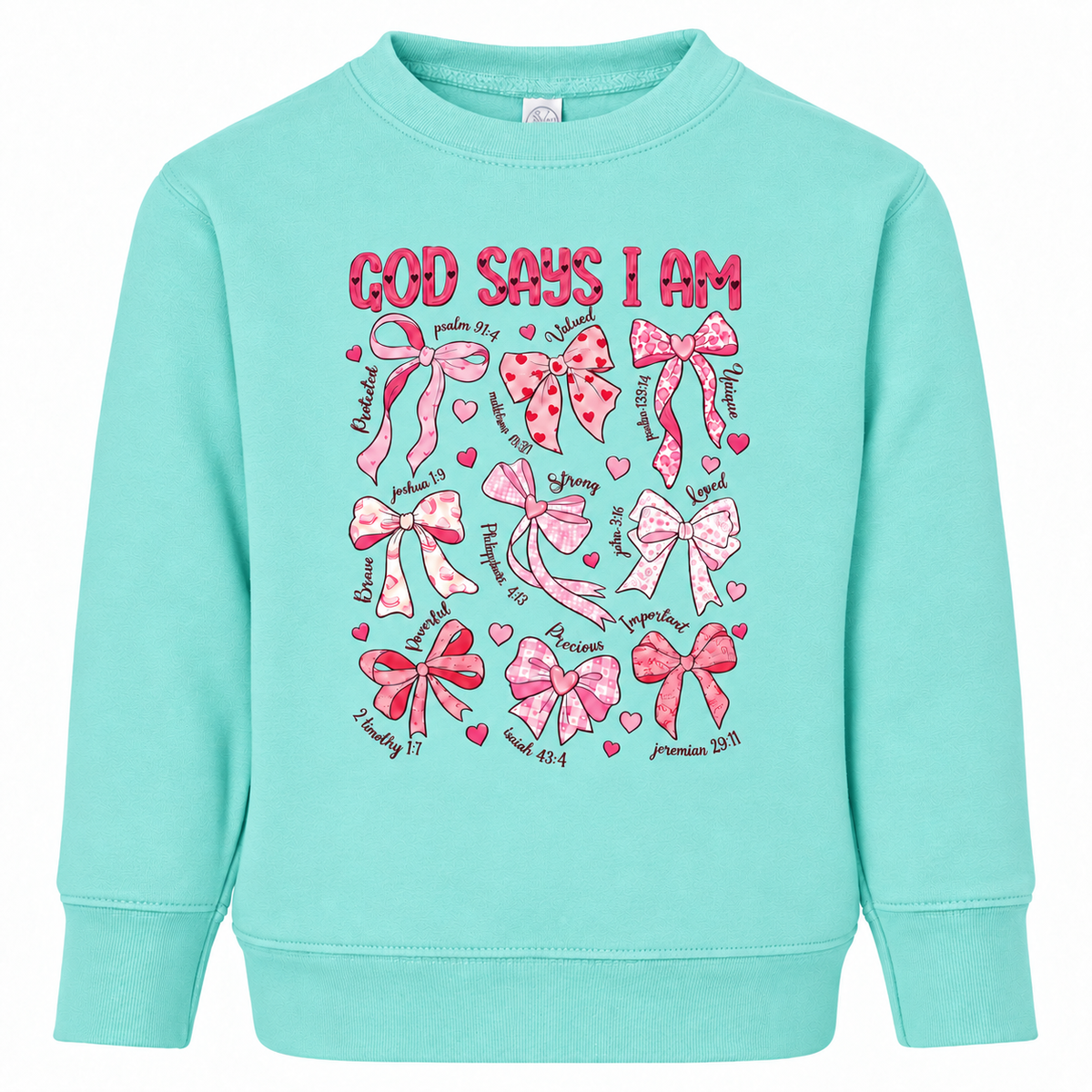 Tea Shirt Shoppe Wholesale toddler sweatshirt in mint green featuring pink bows and faith-based affirmations.