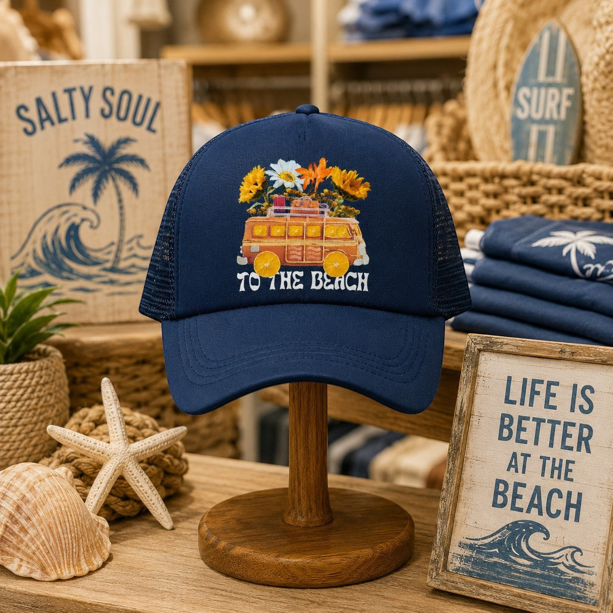 Tea Shirt Shoppe Wholesale navy blue trucker hat with "To The Beach" graphic of a van filled with flowers.