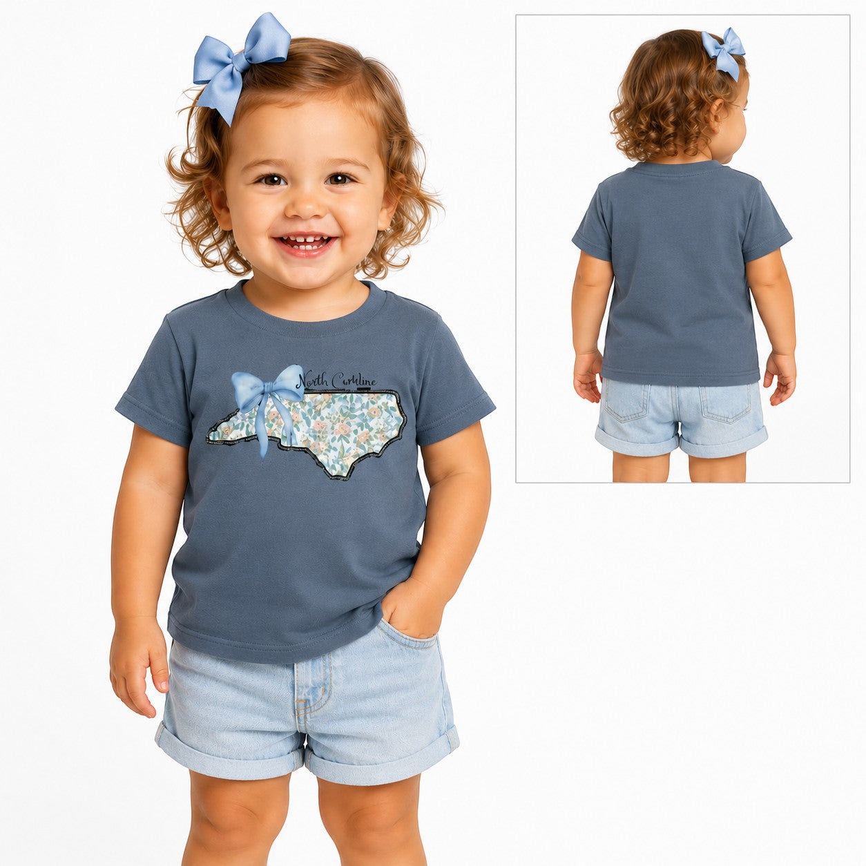 Toddler wearing a Tea Shirt Shoppe Wholesale indigo cotton t-shirt with a floral North Carolina state graphic and bow.