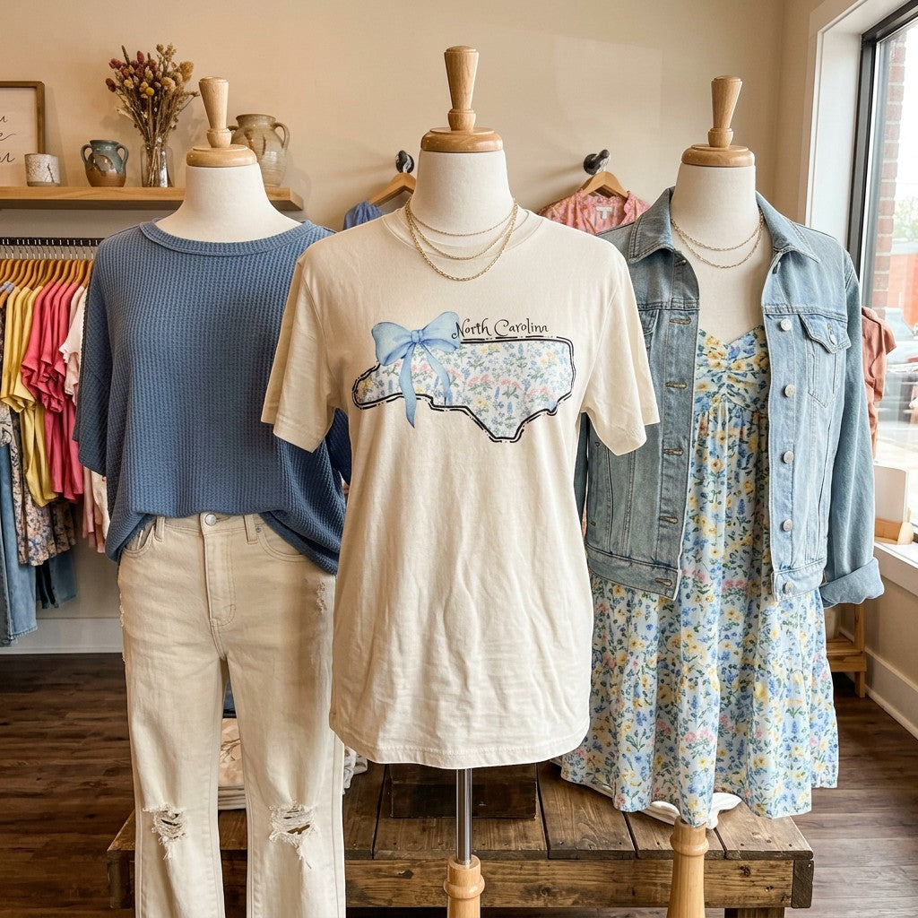 Tea Shirt Shoppe Wholesale cream graphic t-shirt with North Carolina outline filled with floral print and blue bow.
