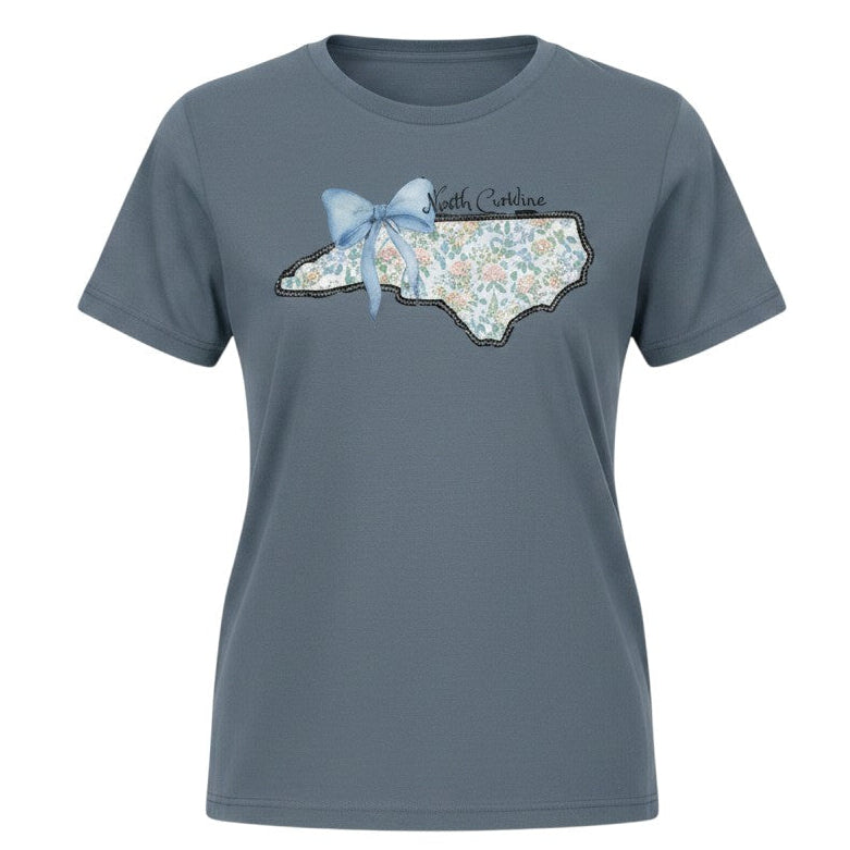 Tea Shirt Shoppe Wholesale grey t-shirt with North Carolina outline filled with floral pattern and blue bow.