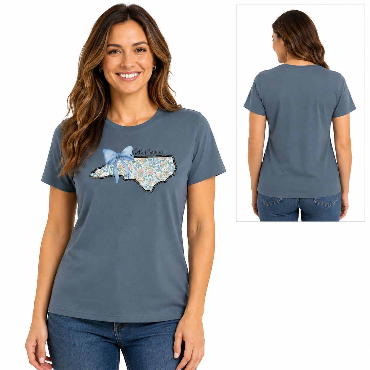 Tea Shirt Shoppe Wholesale blue graphic tee featuring a floral North Carolina state outline with a blue bow.