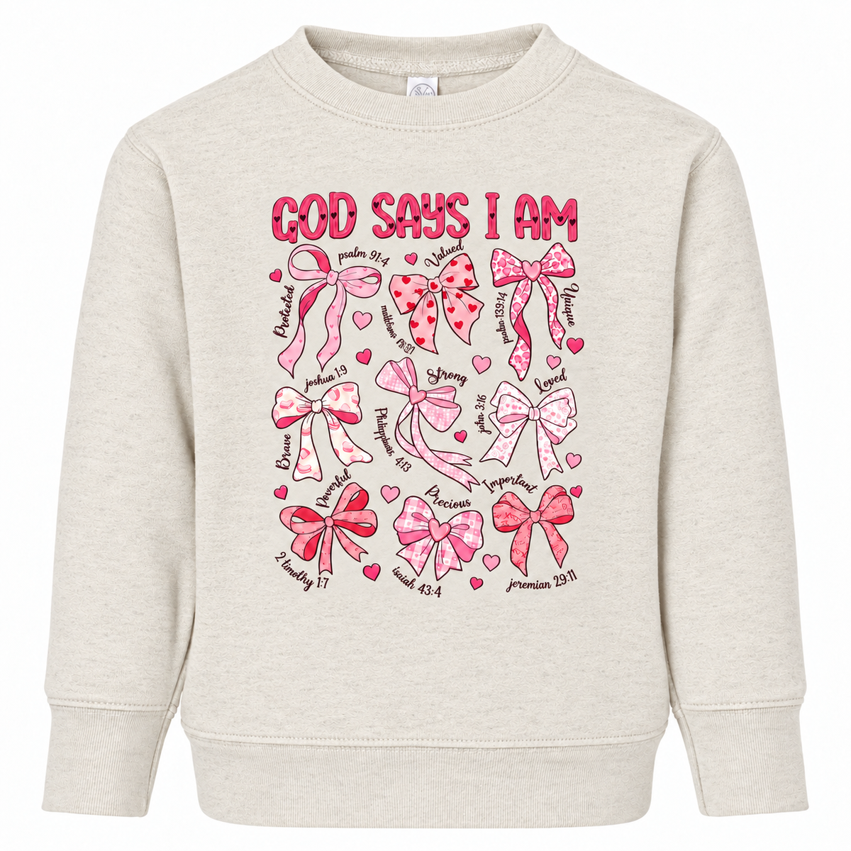 Tea Shirt Shoppe Wholesale toddler sweatshirt in oatmeal featuring pink bow graphics and faith-based affirmations.