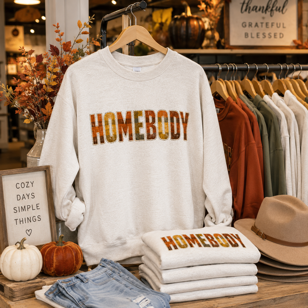 Tea Shirt Shoppe Wholesale oatmeal heather crewneck sweatshirt with rustic plaid HOMEBODY graphic in a cozy fall setting