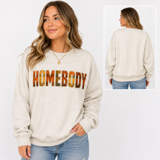 Tea Shirt Shoppe Wholesale oatmeal heather crewneck sweatshirt with rustic plaid HOMEBODY graphic text
