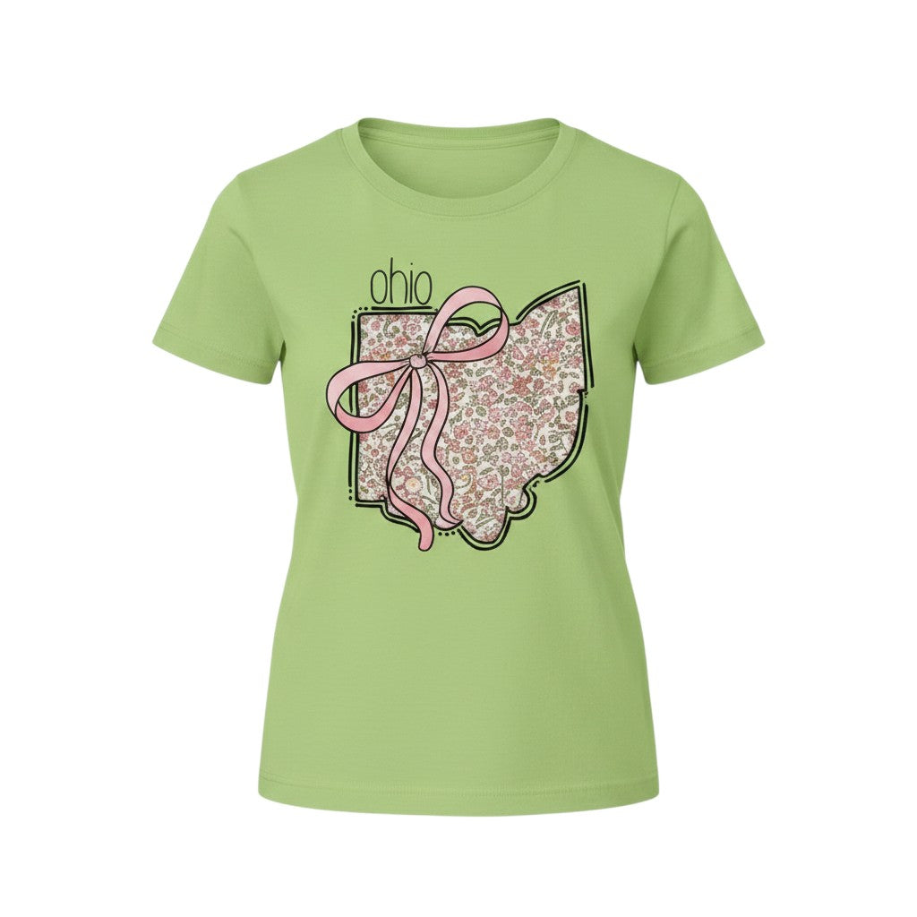 Tea Shirt Shoppe Wholesale mint green cotton graphic tee with Ohio floral state outline and pink bow