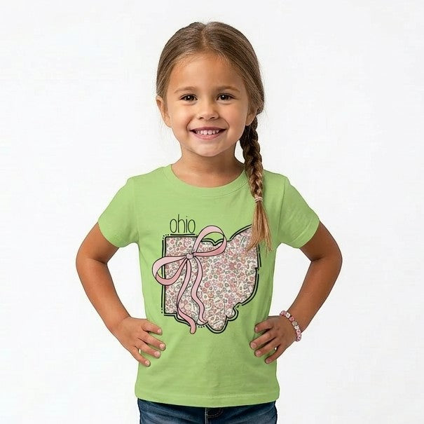 Tea Shirt Shoppe Wholesale mint green youth t-shirt with Ohio floral state outline and pink bow graphic.