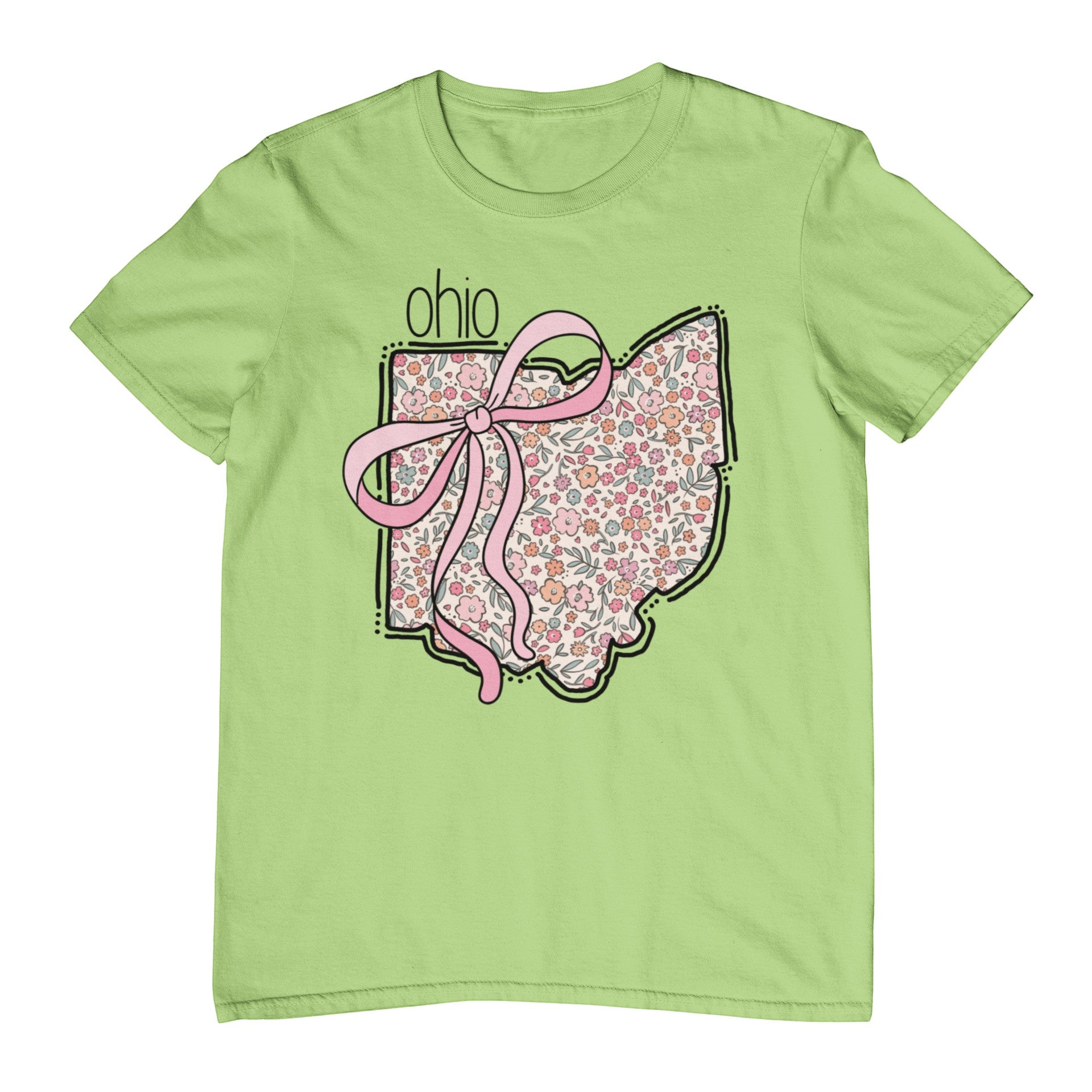 Tea Shirt Shoppe Wholesale mint green cotton graphic tee with floral Ohio outline and pink bow.