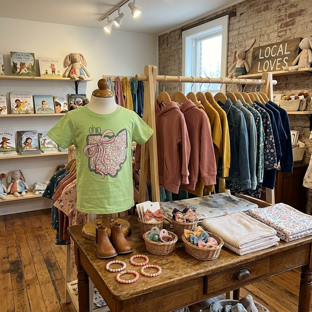 Tea Shirt Shoppe Wholesale mint green graphic tee with floral Ohio outline and pink bow. 100% cotton.