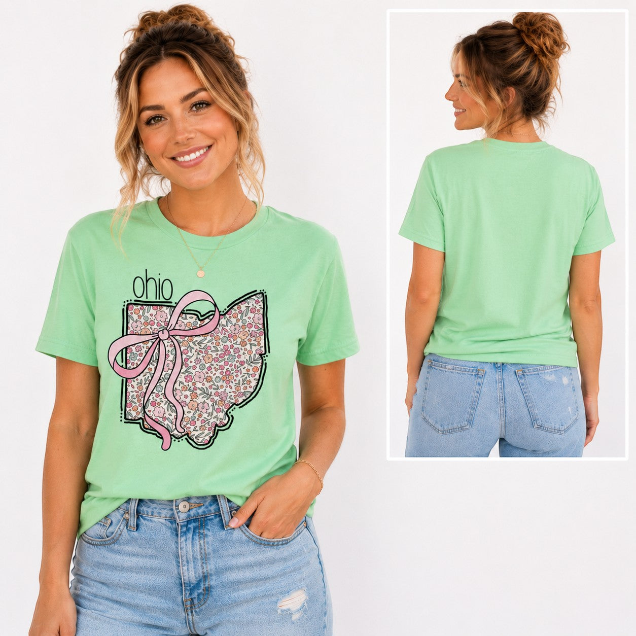 Tea Shirt Shoppe Wholesale mint green cotton t-shirt with floral Ohio state graphic and pink bow design on a model.