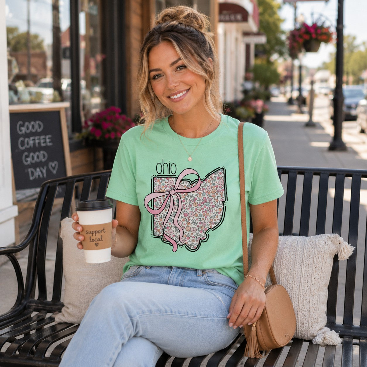 Tea Shirt Shoppe Wholesale mint green cotton graphic tee featuring an Ohio state outline with floral print and pink bow