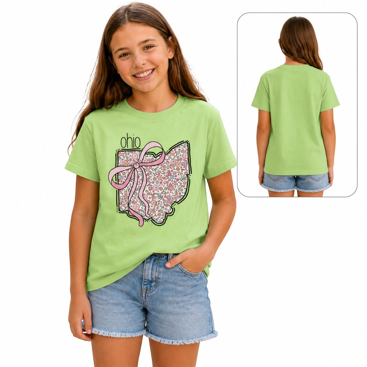 Tea Shirt Shoppe Wholesale light green t-shirt with Ohio floral state outline graphic and pink bow on a young girl.