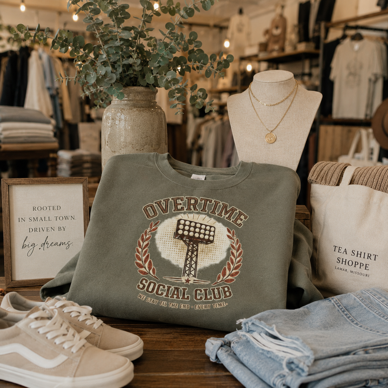 Tea Shirt Shoppe Wholesale olive crewneck sweatshirt with vintage stadium light graphic and ribbed cuffs