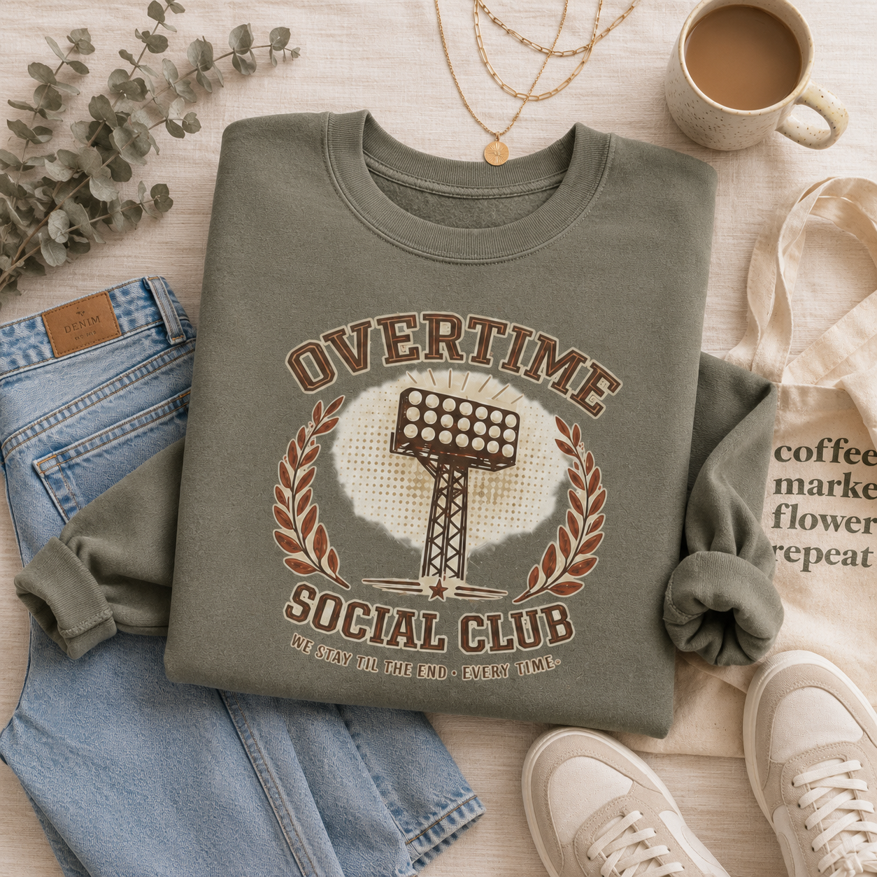 Tea Shirt Shoppe Wholesale olive crewneck sweatshirt with vintage stadium light graphic and athletic typography