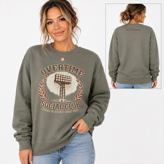 Tea Shirt Shoppe Wholesale olive crewneck sweatshirt with vintage stadium light graphic and back text detail