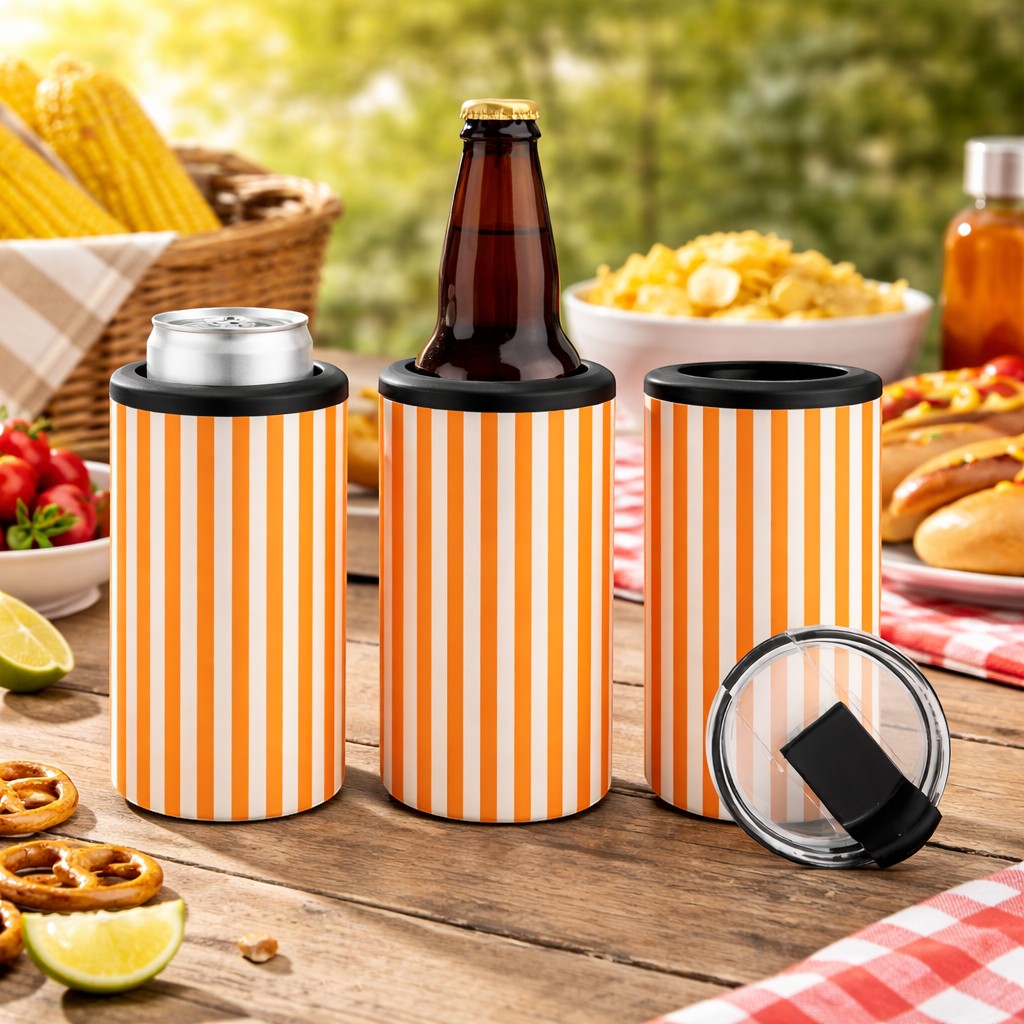 Tea Shirt Shoppe Wholesale 4-in-1 tumbler with bright orange and cream pinstripe design, fits cans and bottles.
