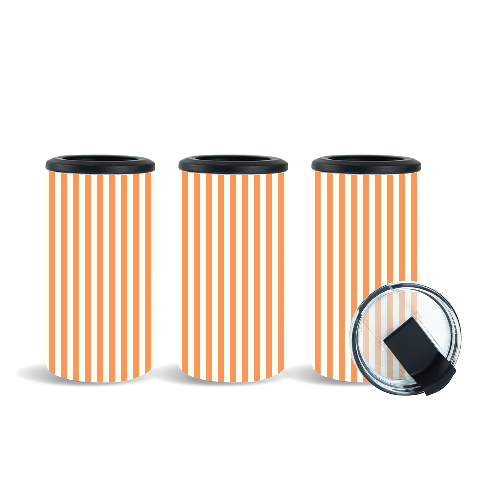 Tea Shirt Shoppe Wholesale 4-in-1 tumbler with bright orange and cream vertical pinstripe design. Fits 14oz, skinny cans, 12oz cans, and bottles.