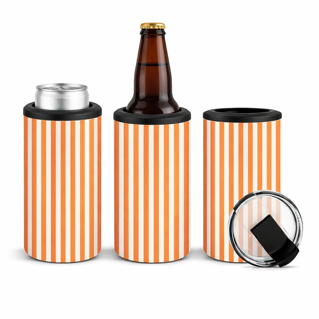 Tea Shirt Shoppe Wholesale 4-in-1 tumbler with orange and cream pinstripe wrap, fits cans and bottles.