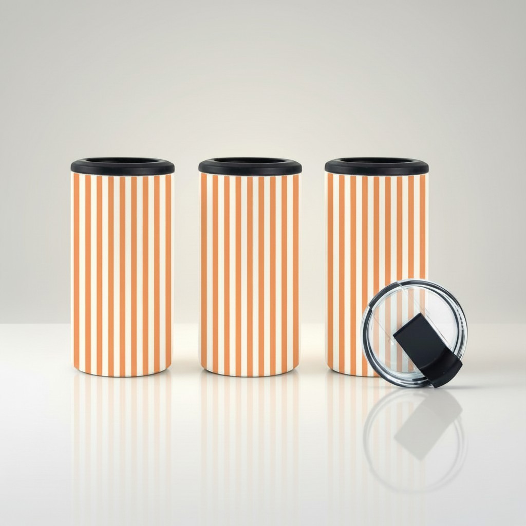 Tea Shirt Shoppe Wholesale 4-in-1 tumbler with orange and cream pinstripe wrap. Fits 14oz, skinny cans, 12oz cans, and bottles.