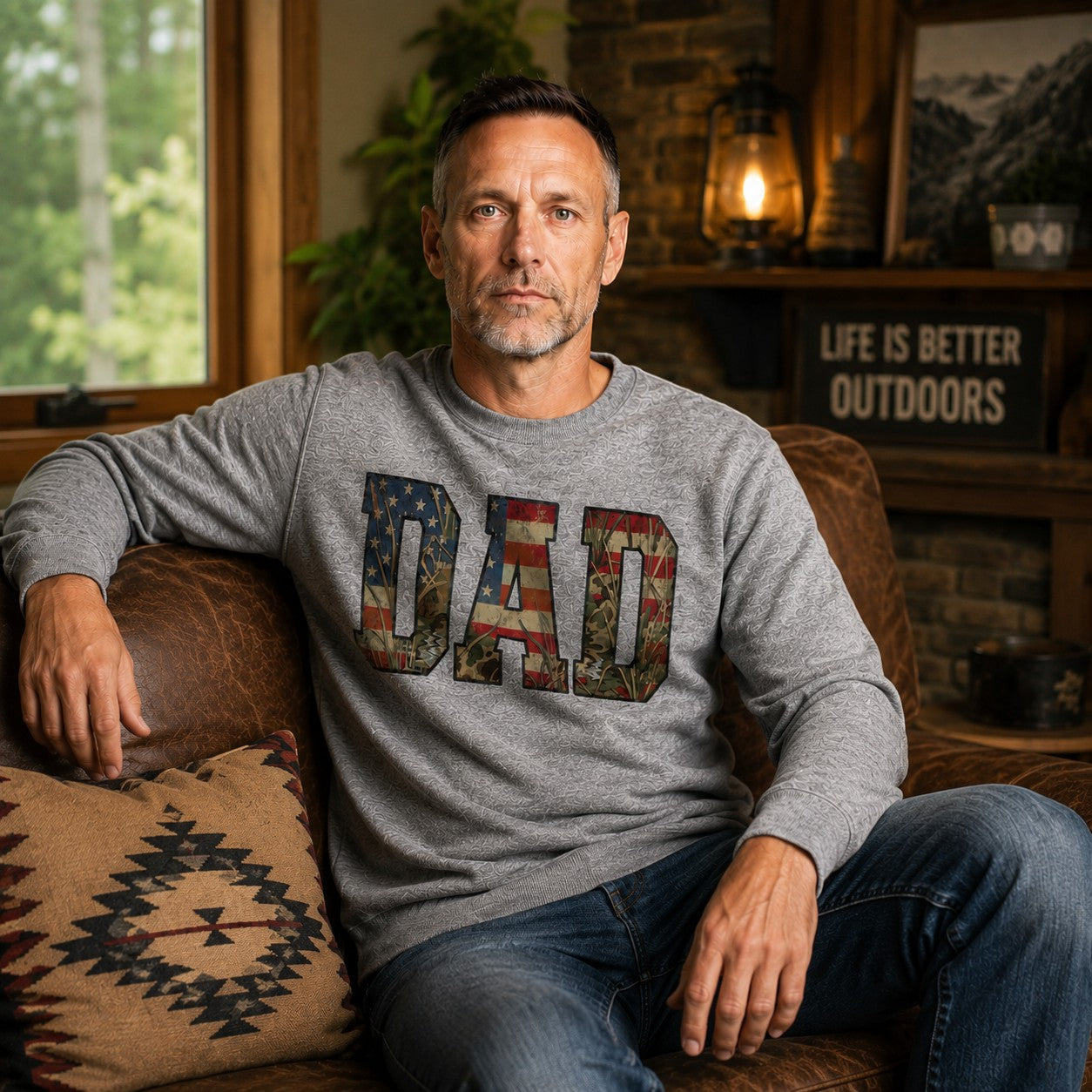 Tea Shirt Shoppe Wholesale heather grey crewneck sweatshirt with "DAD" graphic featuring American flag and camouflage patterns.