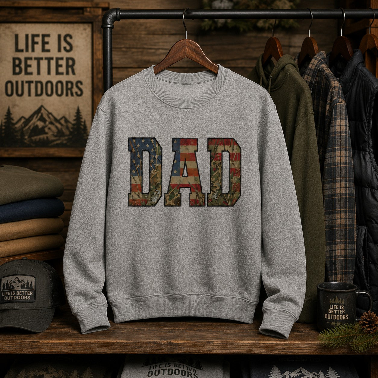 Tea Shirt Shoppe Wholesale heather grey crewneck sweatshirt with "DAD" graphic featuring American flag and camouflage patterns.